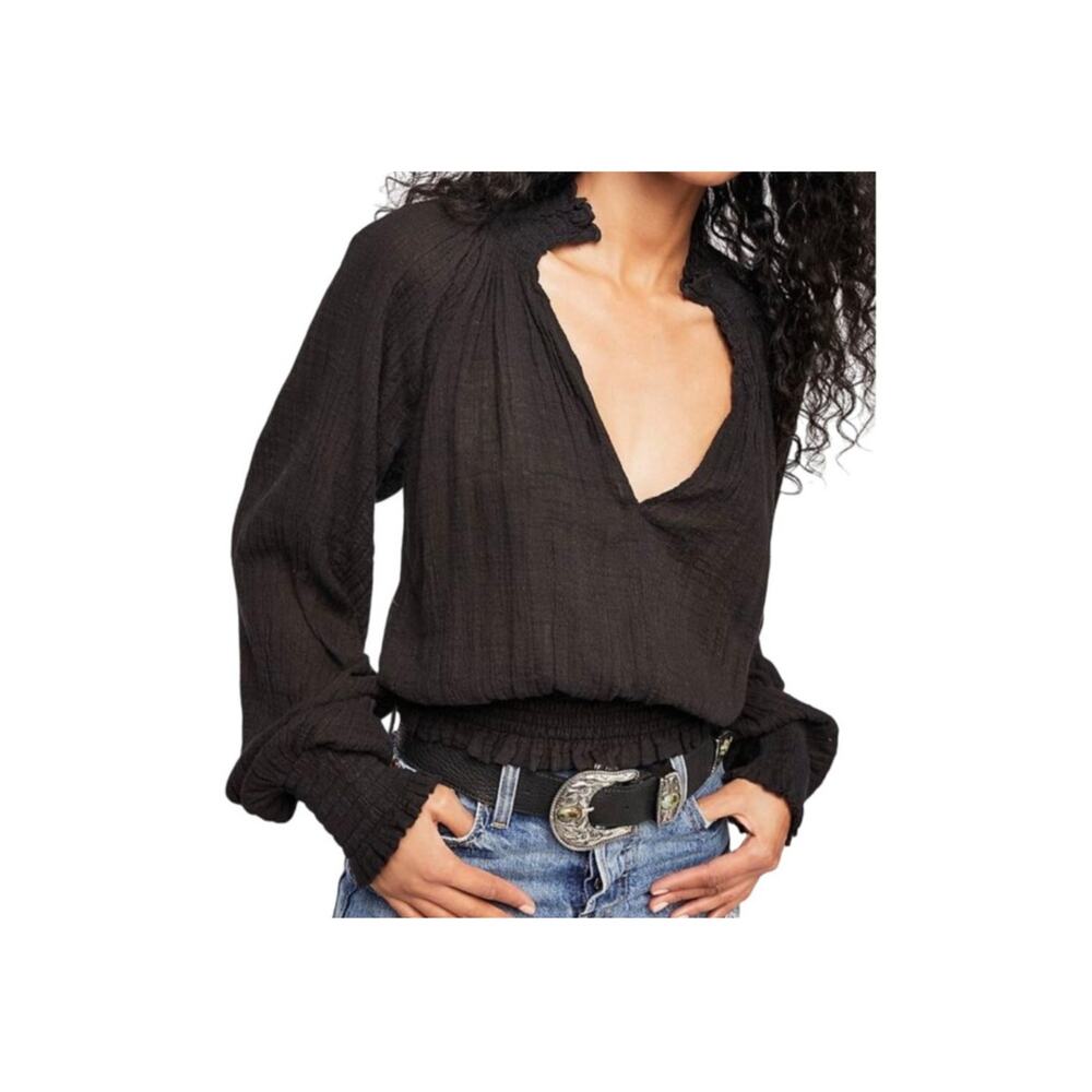 Free People One Smocked Peasant Boho Top Black Semi Sheer V Neck Small